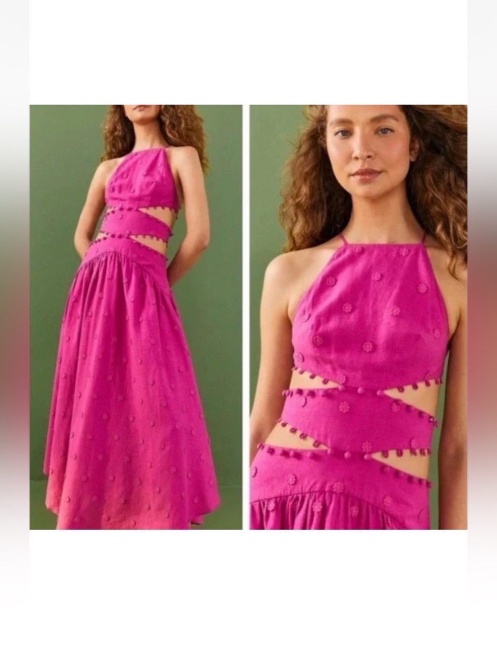 Farm Rio Hot Pink Halter Cut Out Midi Dress 3D Floral SZ Large